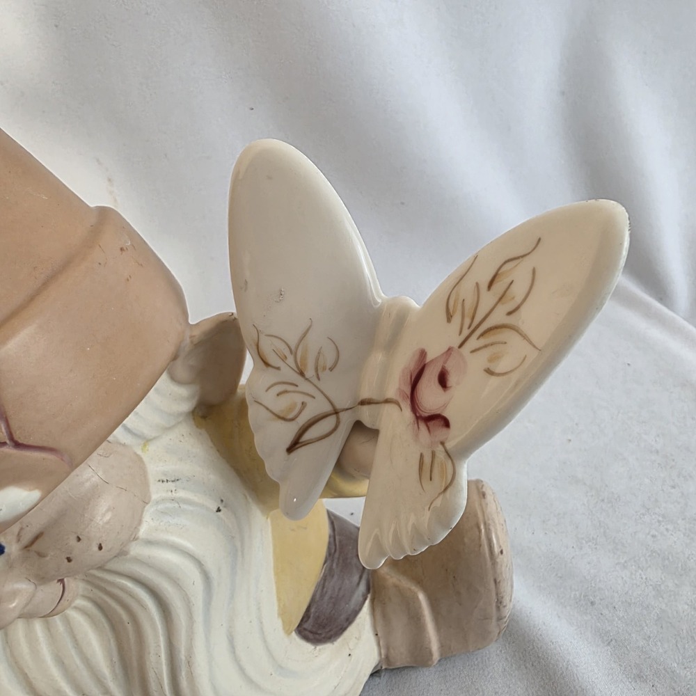 Vintage Dona 1542 Hand Painted Cracked Pot Garden Gnome w/ Homco 70s Butterflies - Picture 3 of 11